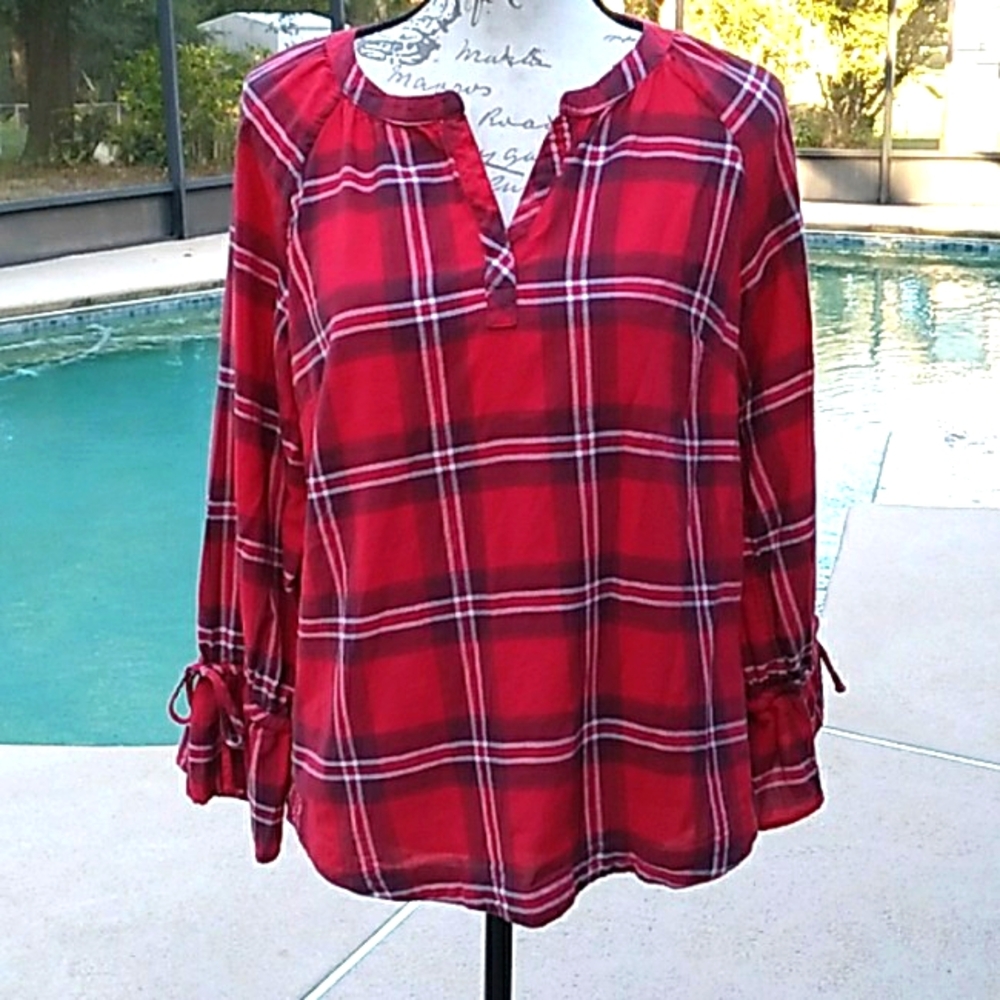 Talbots Tie-Flounce-Sleeve Popover - Harvest Plaid Size Small Petite   (A47)